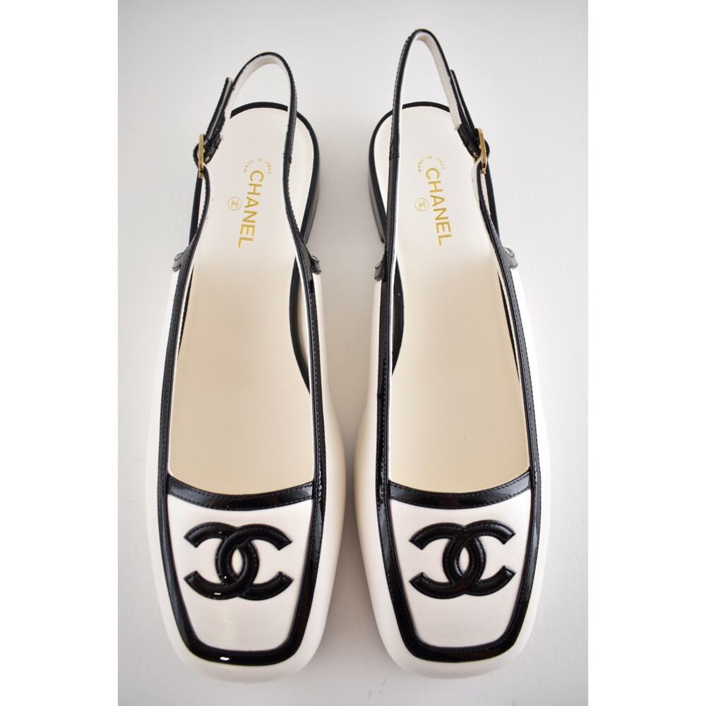 Chanel 26B White Black Square Toe CC Logo Slingback Ballet Ballerina Flat 39 - Picture 16 of 16